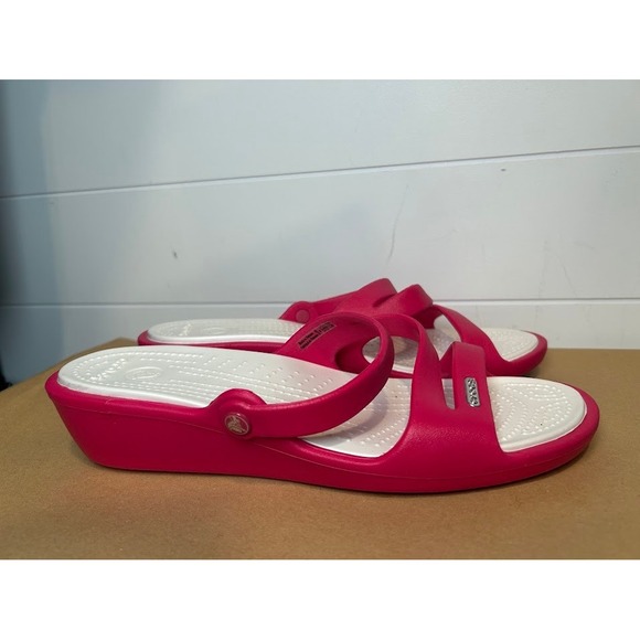 CROCS Shoes - Crocs Patricia Wedge Sandals Womens 9 Pink White Triple Strap Slip On 204005